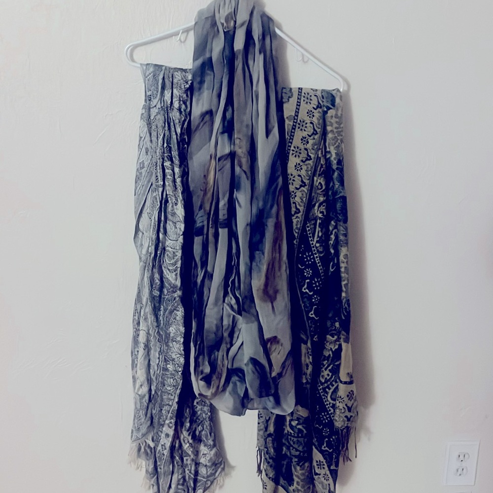 Scarves! One infinity scarf. All scarves shades of blue, gray, green, and brown